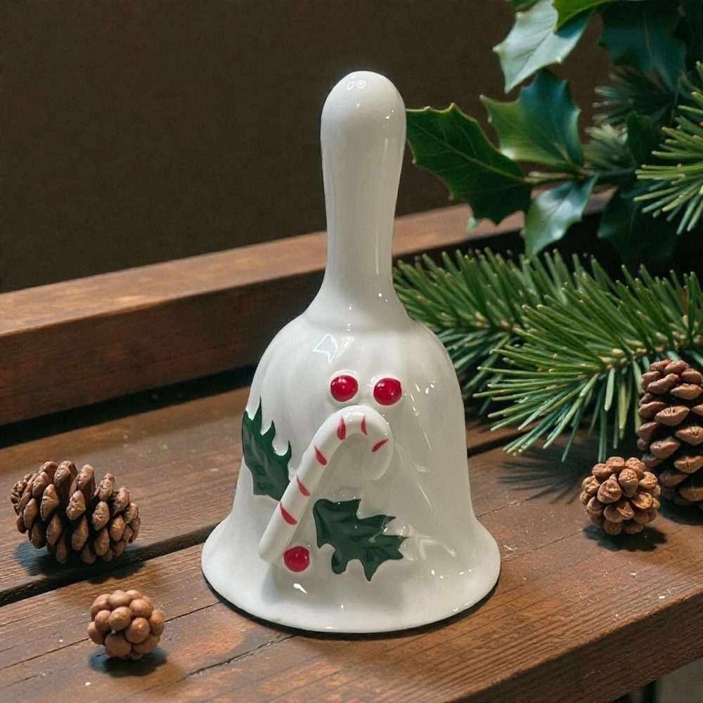 Vtg Bone China Christmas Bell Candy Cane Holly Raised Design White Porcelain